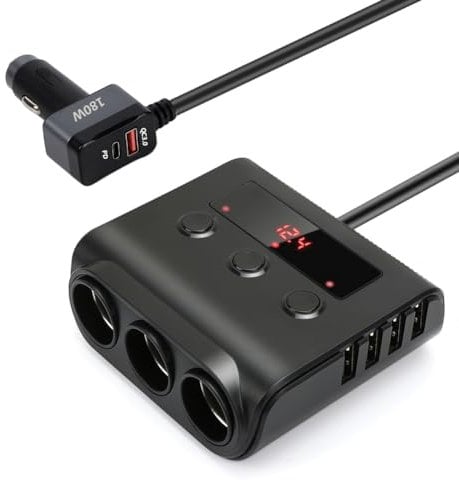 9en1 Cargador Coche Carga Rapida Divisor Encendedor Cigarrillos 180W PD & QC 3.0, 12/24V Divisor Salida 3 Socket Cigarette Lighter Splitter, 5 Puertos de Carga USB & Voltímetro LED