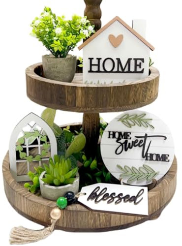 6 Pieces Farmhouse Tiered Tray Decor Beautiful Sweet Home Wood Sign Artificial Plant Rustic Tray Decorations Centerpiece Set for Home & Kitchen Decor(Tiered Tray NOT Included)
