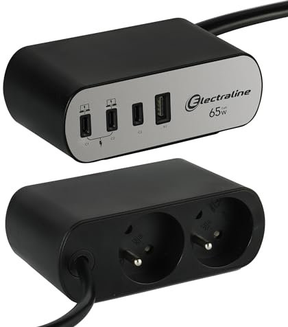 Electraline 35462 - Regleta eléctrica para Escritorio (2 enchufes franceses + 4 USB (3 USB C (Power Delivery) PD65W + 1 USB A QC) + 1 Soporte de Escritorio Incluido