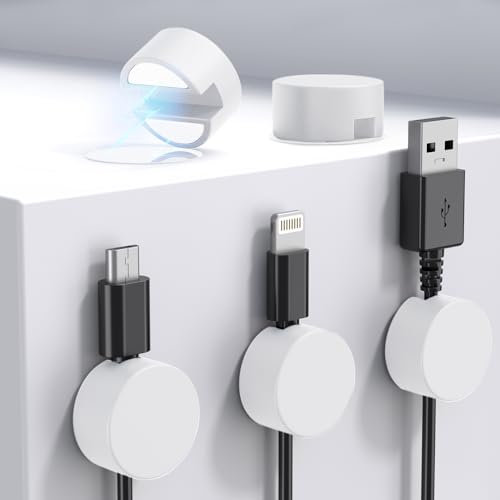 Maveek Cable Tidy Clips, 5 Pcs Magnetic Cable Clips Wire Organiser Magnetic Cable Management Holder Clips With Self Adhesive Metal Plate for Desktop, Office, Home, Car (White)