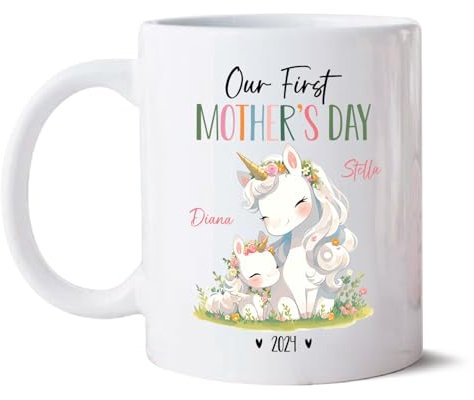 Taza de unicornio para mamá y bebé, nuestra primera taza para el día de la madre para mamá, taza de café personalizada de unicornio para mamá y bebé, taza de cerámica personalizada para amantes del