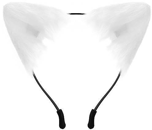 SycloPak White Cat Ears Headband for Cosplay – Fluffy Fox/Wolf/Puppy Ears Adult Costume Accessories for Parties Halloween