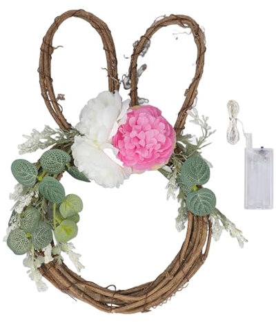 LEMCC Osterhasen-Kranz, Künstliche Blumen-Rattan-Kranz-Girlande, Vorbeleuchtete Hängende Künstliche Zweige, Frühlingsdekoration für Frühlingswand, Fenster, Zuhause, Innen- und Außenbereich