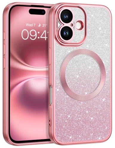DUEDUE iPhone 16 Plus Hülle Glitzer 6.7'', Handyhülle Mit Mag-Safe Magnetische Stoßfeste Schutzhülle TPU für iPhone 16 Plus 6.7 Rosa