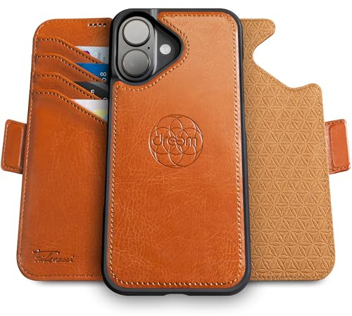 dreem Vegan Leather Magnetic Detachable Wallet Case for iPhone 16 | Built-in Phone Stand, RFID Blocking Card Holder Flip Cover, MagSafe Compatible, Gift Box [Fibonacci: Caramel]