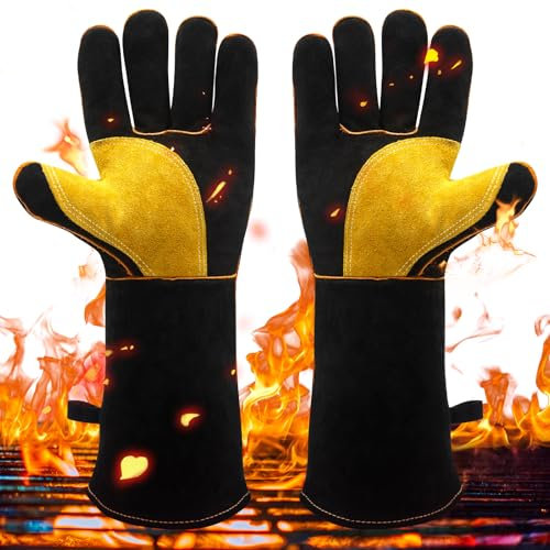 Fettwal Grillhandschuhe Hitzebeständig, Ofenhandschuhe hitzebestaendig, Kaminhandschuhe Feuerfeste Handschuhe, Hitzeschutz Handschuh, Schweißerhandschuhe, mit Aufhängung, Leder Handschuhe (1 Paar)