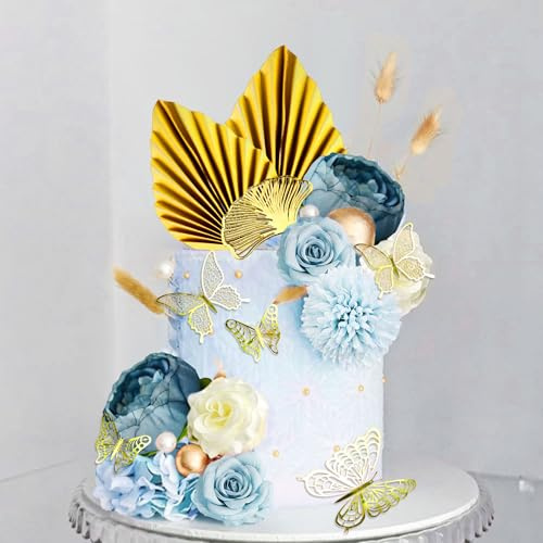 Boho Tortendekoration Goldene Kugeln Tortendekoration Goldene Palmenblätter | Boho Tortendekoration Goldene Kugeln Tortendekoration Goldene Palmenblätter Tortentopper Blaue Blumen für Hochzeit Geburtstag