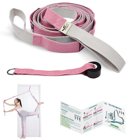 HiRui Dehnungsgurt Yogagurt mit Türanker, 12 Schlaufen, nicht elastische Stretchgurte für Physiotherapie, Pilates, Tanz, Gymnastik | Stretchband mit Workout-Anleitung für Damen & Herren (Rosa)