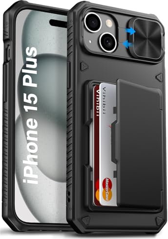 Vihibii for iPhone 15 Plus/iPhone 14 Plus Case Wallet with Card Holder [RFID Blocking] & Slide Camera Cover, Military Grade Drop Protection, Rugged Hard Back & Silicone Edge Phone Case, 6.7, Black
