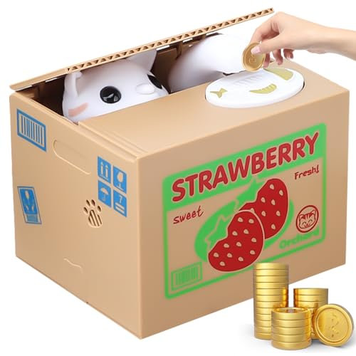 WIYETY Karikatur Katze Spardose für Kinder, Nette Stealing Münze Katze Sparbüchse, Sparschwein für Münzen, Automatisch Stehlende Katze Münzbox, Lustiges Geburtstag Geschenk (Erdbeere Katze)