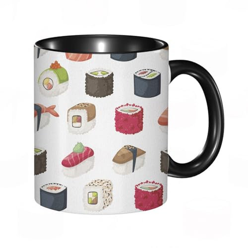 reyawdf Original Tasse mit lustigem Design,Yummy Sushi Rolls Japanese Maki and Nigiri Food Rice and Tuna Traditio,330ml, für Kaffee- und Teeliebhaber, als Geschenk für Weihnachten, Geburtstag und mehr