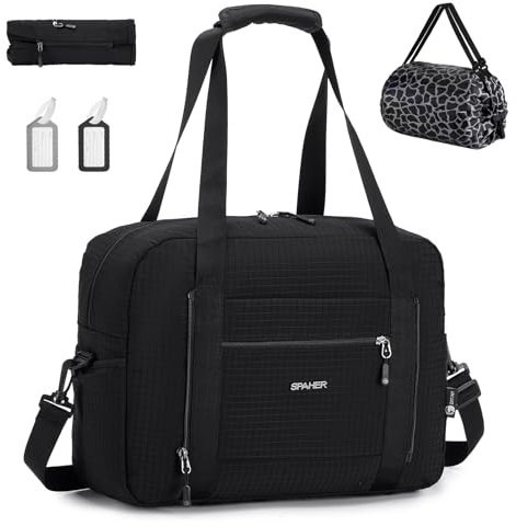 SPAHER Handgepäck Tasche Faltbare Reisetasche 40x30x20 für Wizzair Vueling Sporttasche Groß Weekender Damen Herren Gym Fitness Bag Tasche wasserdichte Duffle Bag Hand Luggage Schwarz