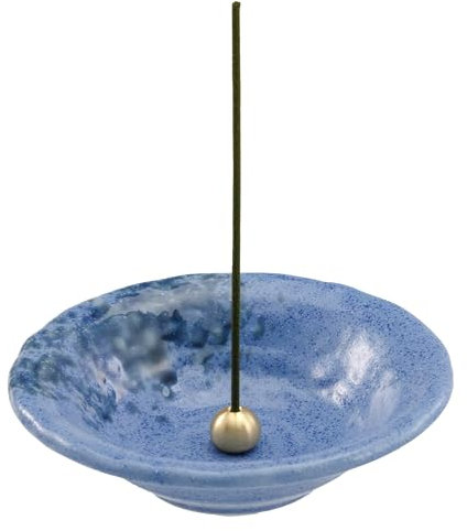 Asayu Japanese Small Incense Holder for Sticks 4.88 inch (124mm), Traditional Made in Japan Ceramic Ash Catcher and Brass Incense Burner Set - Blue