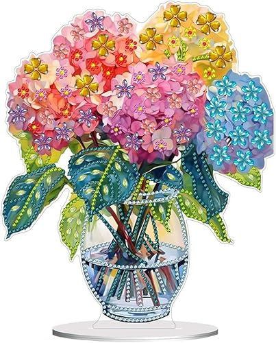 Glvomazty Diamond Painting Aufsteller, 5D DIY Diamonds Stehend Tischdeko, Ornament Bastelset Kreativ Set für Erwachsene Geschenk Mädchen 7 8 9 10 11 Jahre Hortensie