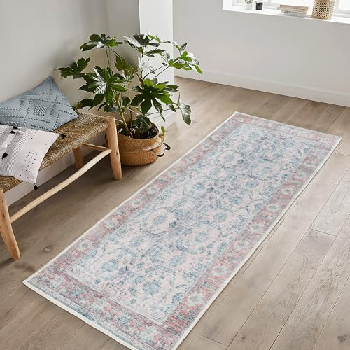 artyrugs Waschbarer Teppich, 60x240cm, 75% Recycelte Baumwolle, Kurzer Flor, rutschfeste Rückseite, Fusselt Nicht, Teppiche für Schlafzimmer, Küche, Flur, Büro, Entenei-Blau & Rosa