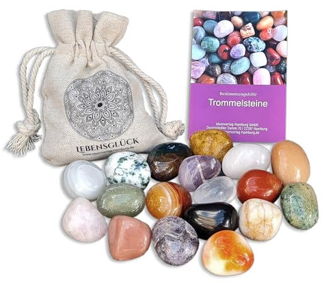 Edelstein-Set Lebensglück | 10-12 handverlesene Trommelsteine Größe L in natürlichem Leinenbeutel inkl. Bestimmungshilfe | Halbedelsteine zum Kindergeburtstag, Energiearbeit & Deko