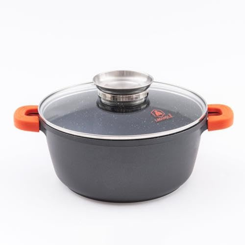 Faitout noir 28cm revêtement céramique - RobuCook | Revêtement céramique antiadhésif Greblon CK2, aluminium moulé, 28 cm, 6,7 L, couvercle verre trempé