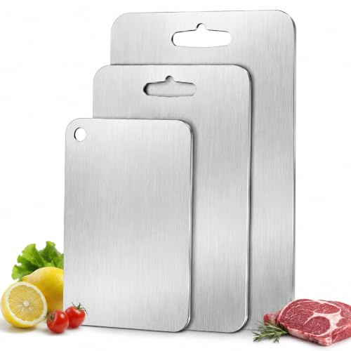 SDLDEER 3 Piece Chopping Board Set, Stainless Steel 304 Cutting Board, Stainless Steel Chopping Board Set for Meat, Fruit, Vegetables, Dishwasher Safe (20 x 29cm, 23 x 34cm, 28 x 39cm)
