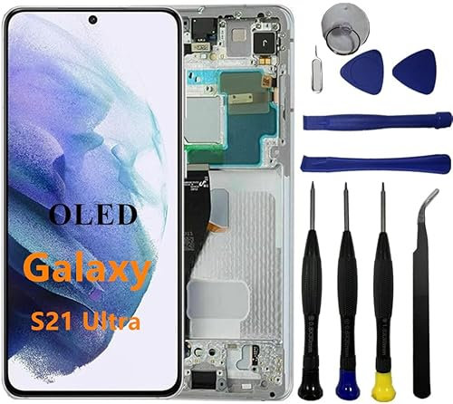 VBAFNWCY OLED Galaxy S21 Ultra Écran de remplacement pour Samsung Galaxy S21 Ultra 5G G998U G998U1 G998B Écran tactile Digitizer Assemblée Support d'empreintes digitales (avec cadre blanc + outils)