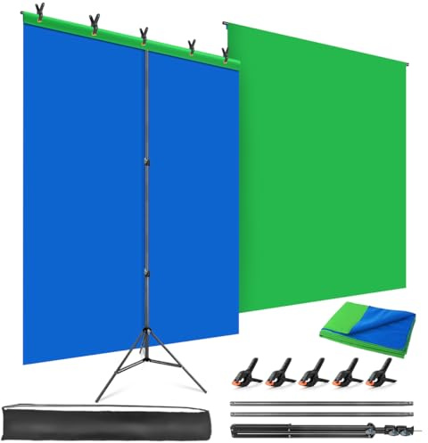 JEBUTU Grün & Blau Hintergrund mit Ständer 1,5m x 2m | Verstellbar, mit 5 Federklemmen & Tragetasche | Hintergrundsystem für Fotografie Chroma Key Gaming Youtube