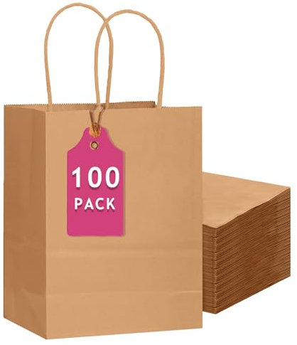 Gcardist 100-Packs braune Geschenk-Taschen mit Griffen Bulk 13x10.3x4.6 große Größe Kraft-Papier-Taschen mehrere Verwendungen (33x26x13cm, große Größe)