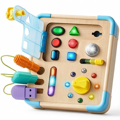 lalalark Montessori Spielzeug Busy Board, Holzspielzeug mit 15 LED-Leuchten,Sensorik Spielzeug Motorikspielzeug für Kinder, Lernspielzeug fürJungen und Mädchen 2 3 4 Jahr, Geschenke für Babys