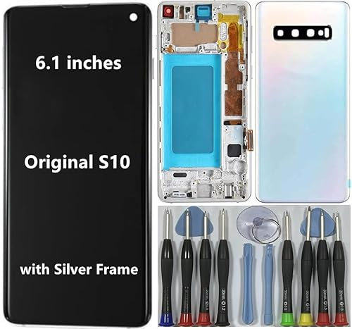 VBAFNWCY AMOLED 6.1 pouces Original pour Samsung Galaxy S10 Écran Tactile Digitizer Assemblée S10 G973U G973U1 G973F G973W LCD Écran Remplacement (avec Cadre Argenté+Coque arrière+Outils)