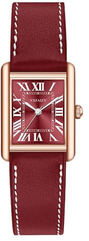 VXFAIZY Rechteckige Damenuhr mit Retro Römischen Zahlen und Lederarmband(Rotes Roségold)