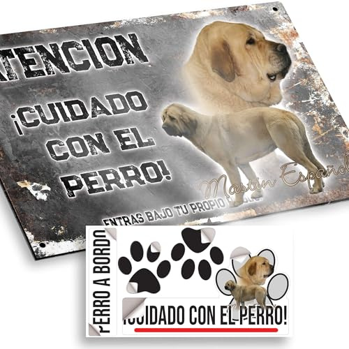 Mastín Español Cartel de Perro Cuidado Perro 29x18cm - Diseño Vintage Dibond con Pegatina Coche 20x5cm