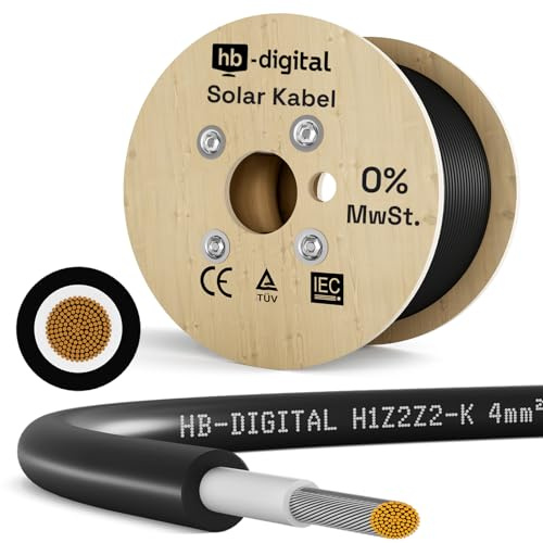 HB-DIGITAL 300m Solarkabel 4mm² H1Z2Z2-K inkl. 0% MwSt. gem. § 12 Abs. 3 UStG - TÜV Rheinland zertifiziertes flexibel UV PV Kabel reines Kupfer 1500V DC für Solarpanel - Schwarz