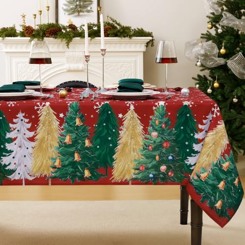 FIBORIA Tischdecke Weihnachten groß 140x320 cm rechteckig Rote Weihnachtstischdecke mit Weihnachtsbaum & goldenen Schneeflocken,abwaschbar Tischtuch Tablecloths für Winter,Party,Festliche Dekoration