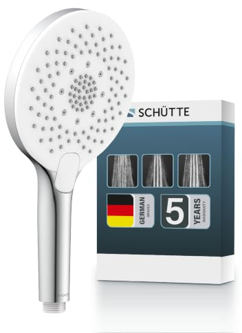 SCHÜTTE Handbrause SUMATRA mit Antikalk-Noppen | Duschkopf mit komfortablem Druckknopf und 3 einstellbaren Strahlarten | Brausekopf Antikalk für die Dusche | Chrom/Weiß