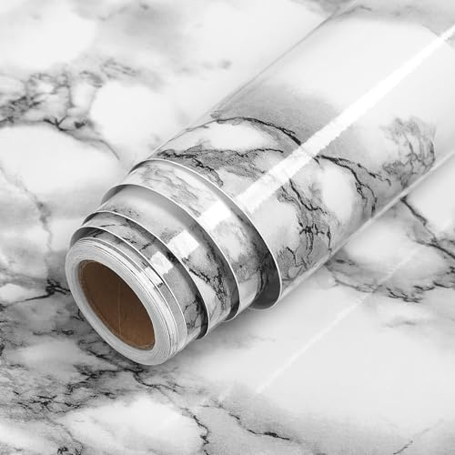 LaCheery Möbelfolie Marmor Grau Schwarz Klebefolie Küche Arbeitsplatte Weiß 60cm x 400cm Wasserdicht Folie für Möbel Hochglanz Vinyl Küchenfolie Schränke Küche Folieren Mamorfolie Weiß für Fensterbank
