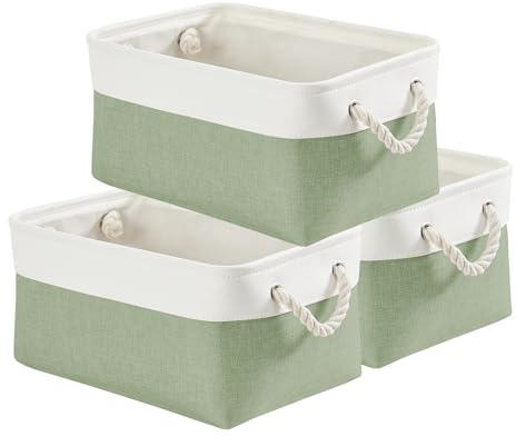 Mangata Set of 3 Soft Fabric Storage Baskets with Handles, Multi-Size, Rectangular Linen Organiser Boxes for Shelf & Wardrobe, 36x26x18 cm, Green & White (Medium, 3 Packs)