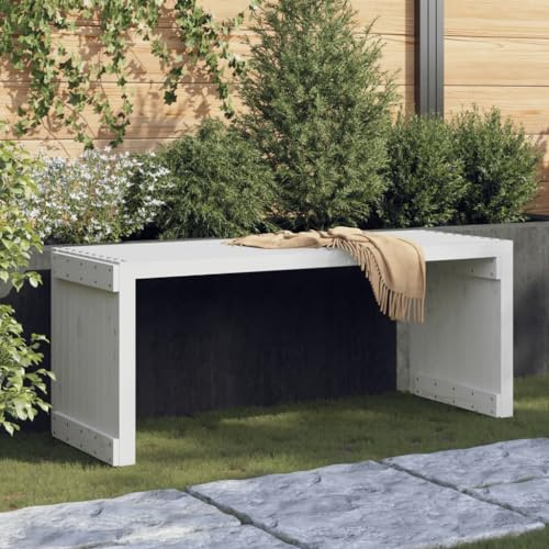 Bucmath Weiße Ausziehbare Gartenbank aus Massivem Kiefernholz, 212,5x40,5x45 cm, Wetterfest für Terrasse & Veranda, Robuste Outdoor Sitzbank