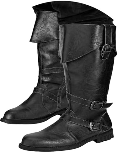Mittelalterliche Ritterstiefel für Herren Cosplay Pirate Retro Langschaft Leder Manschettenschuhe Kunstleder Stiefel Renaissance Schuhe mit Gürtelschnalle für Halloween Fasching Cosplay