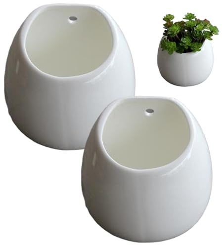 Lawnrden Macetero para Colgar en la Pared, Paquete de 2 maceteros de cerámica con Agujero para Colgar, Maceta Moderna para suculentas y Plantas pequeñas, decoración Interior del hogar, Color Blanco