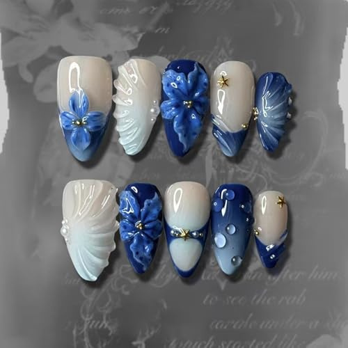 Bryxora 24 Pièces Ongles Pressés Amande – Ongles Artificiels Moyens en Forme d'Amande avec Design 3D de Fleurs Bleues, Kit Complet avec Accessoires pour Manucure DIY
