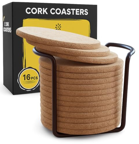 Cork Coasters with Round Edge 4 inches 16pc Set with Metal Holder Storage Caddy – Thick Plain Absorbent Heat-Resistant Reusable Saucers for Cold Drinks Wine Glasses Plants Cups & Mugs