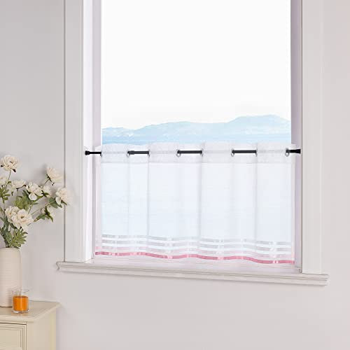 ESLIR Scheibengardine mit Ösen Gardinen Küche Bistrogardinen Transparent Stores Vorhänge mit Satinband Voile Weiß und Rosa HxB 45x90cm 1 Stück