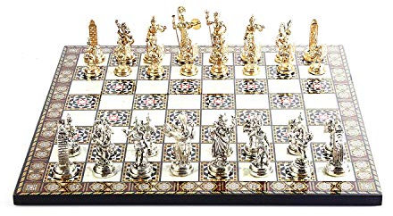 Historical Roman Figures Metal Chess Set for Adult, Handmade Cool Pieces and Mother-of-Pearl Patterned Wood Chess Board King 2.8 inc