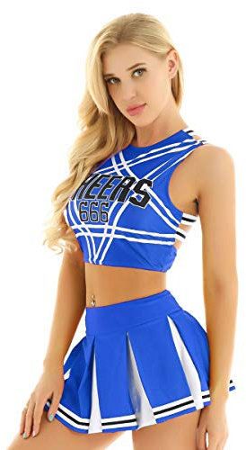 FEESHOW Damen Cheerleading Kostüm Sexy Cheerleading Rock Oberteil Pumpons High School Musical Outfit Karnevalskostüm Party Tanzkleidung Blau M