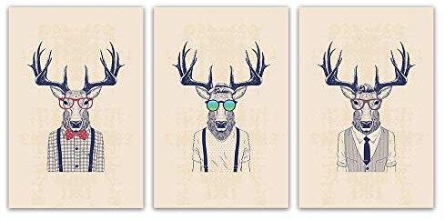 Leinwandmalerei Druck Herr Hirsch im Anzug Nettes Tierplakat Modern Home Decor schönes Bild Leinwand Wandkunst 30x40 cm x3 /11.8 x 15.7 Kein Rahmen