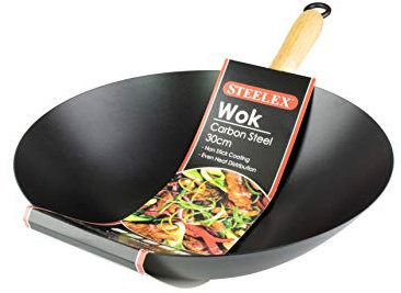 STEELEX Non Stick Carbon Steel Wok 30cm With Wooden Handle Flat Base Chinese Style Cooking Deep Stir Fry Frying Pan