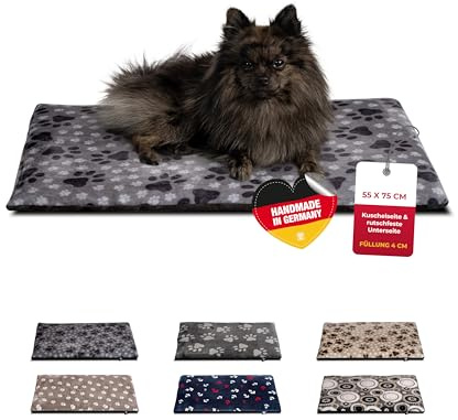 HS-Hundebett® Hundedecke S (55x75 cm) – rutschfest & gemütlich Dank 3 cm Füllung – Perfekt fürs Sofa, Auto & Hundebox – Pfote Grau, Made in DE