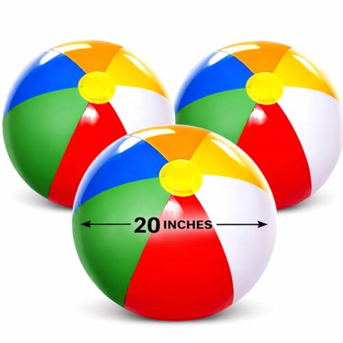 4E's Novelty Beach Balls [3 Pack] 20 Inflatable Beach Balls for Kids - Pool Games Toys for Kids & Toddlers, Classic Rainbow Color, Easter Outdoor Yard Games