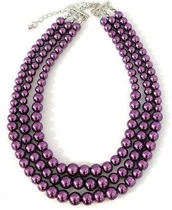 Womens Faux Pearl 3 Layer Multi Strand Gatsby Necklace Statement Bib Bead (Purple)