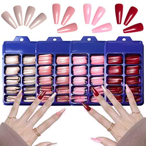SIUSIO 400Pcs Colorful Coffin Nails Full Cover Press on UV Top Coat Covered Fall Pure Color Acrylic Fake Nail Extra Long Ballerina False Gel Nails Art Tips for Women and Girls (Pink)