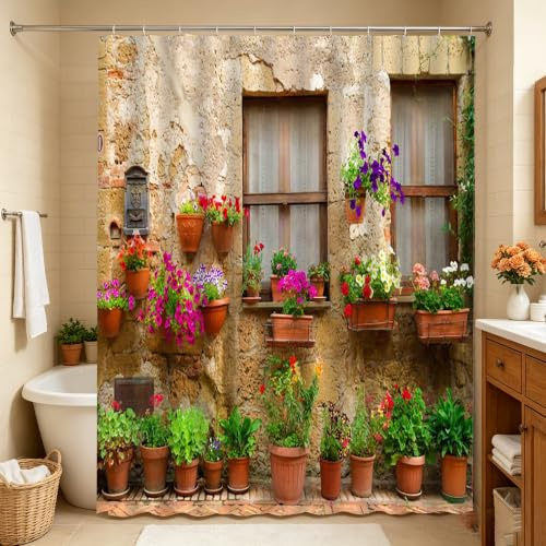 Italienische Toskana Duschvorhang, Steinmauer, Topfblumenfenster, 178 x 178 cm