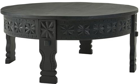 Wohnling Design Couchtisch 80x36x80 cm Mango Massivholz Sofatisch Rund Schwarz, Wohnzimmertisch Holz Salontisch Massiv, Tisch Wohnzimmer Orientalisch, Kaffeetisch Loungetisch